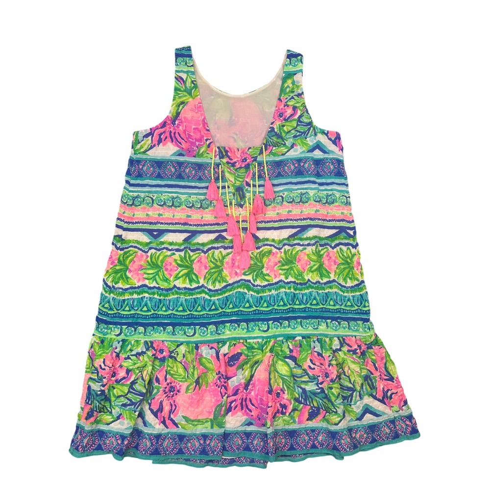 Lilly Pulitzer Pink Green Blue Floral Tassel Back Ruffle Hem Shift Dress Small - Picture 5 of 9